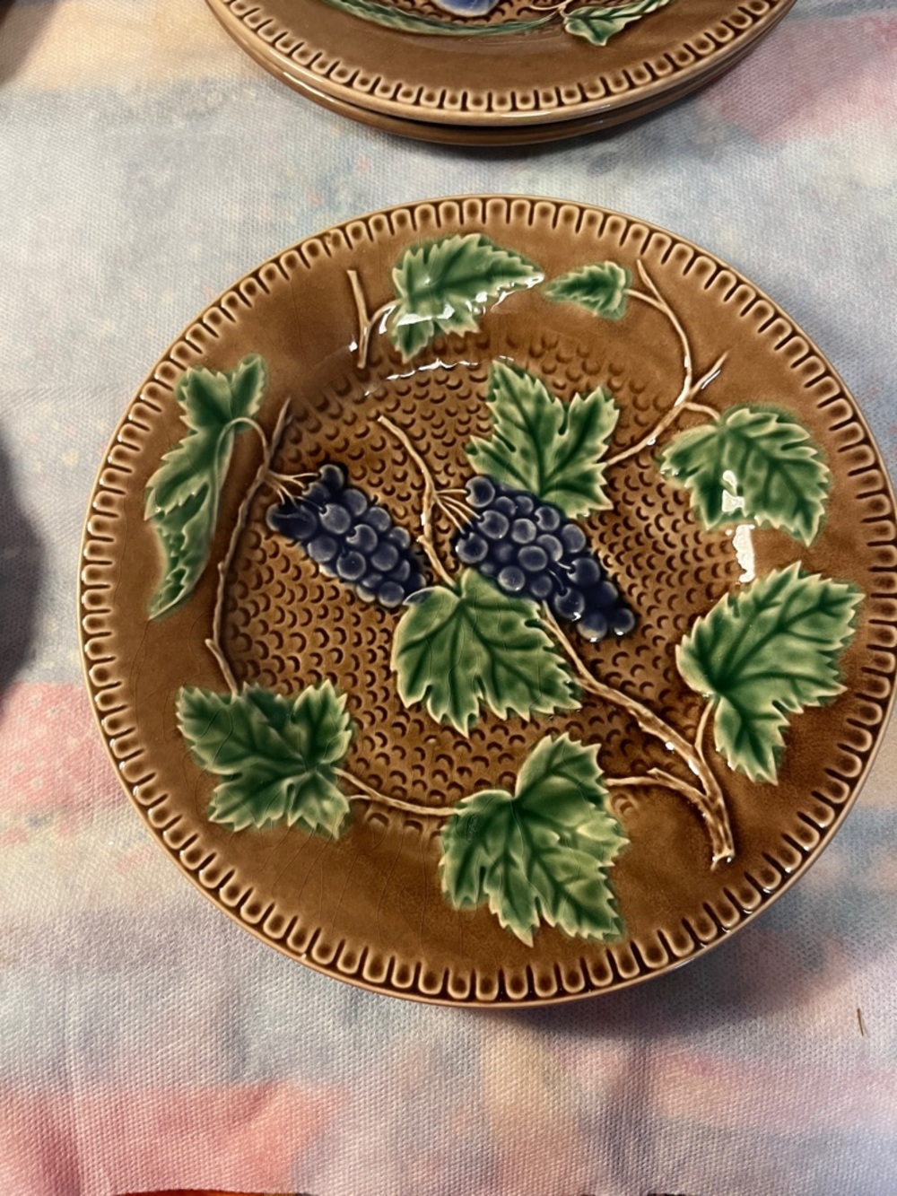 Set of 8 Embossed Fruit Motif Ceramic Plates - Brown with Green, Blue